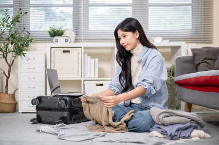 Asian woman thinking and folding cloth while packing or organizing luggage in bedroom or living...