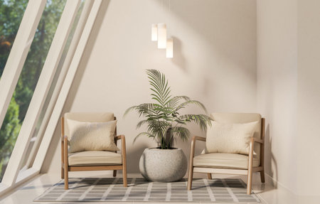 Wooden armchairs aside plant in stone pot and lamp with sunlight through sloped glass window in...