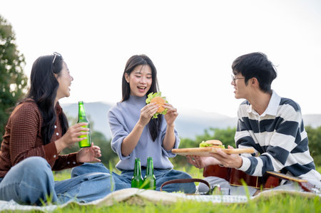 Woman enjoy drinking and eating burger with a man friend sitting on picnic mat in grass field. Group Outing, Travel Trip, Chilling in nature.の写真素材
