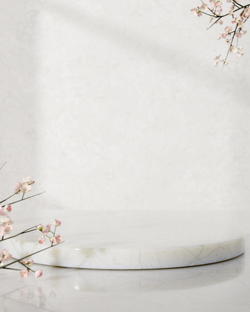 Empty round marble display platform with sakura cherry blossom flower branch on white background. Advertising Mockup, 3D Rendering, 3D Illustration.の写真素材
