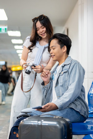 Asian tourist couple go on trip a woman showing camera photo to man waiting for departure in...