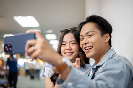 Close up asian tourist couple go on trip man woman taking picture on phone while waiting in airport....