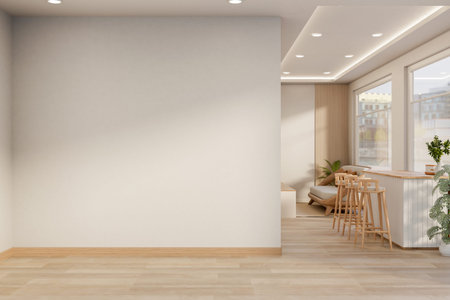 Empty white wall and dining counter with stool chairs aside window on wooden parquet floor in house....