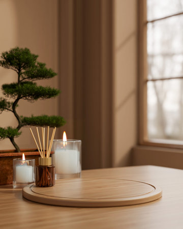 Wooden board tray with diffuser and aroma scented candle glass with bonsai tree at table in spa room. Advertise Mockup, 3D Rendering, 3D Illustration.の写真素材