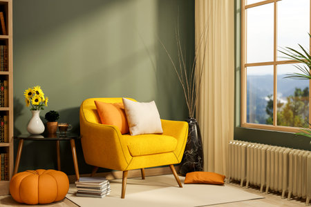Yellow sofa chair with pumpkin stool and sunflower on table and sunlight through living room window. Interior Mockup, 3D Rendering, 3D Illustration.の写真素材