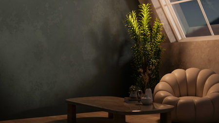 Books and vase on wooden table aside leather flower sofa chair and houseplant in dim lit attic room....