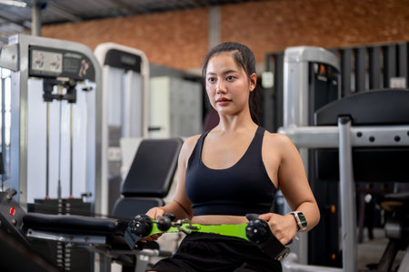 Asian woman fitness trainer or client sitting as exercising with stretching equipment machine in...