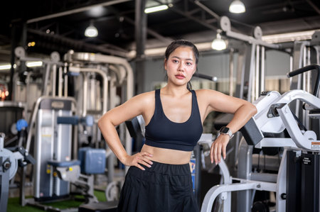 Sweaty woman client fitness trainer coach standing and taking a rest after exercising in gym. Muscle...
