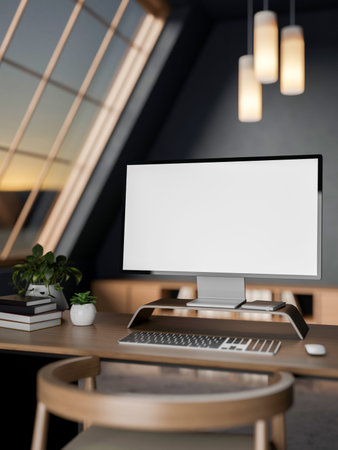 White screen computer with book and plant pot on wooden table under lamp and roof window in attic...