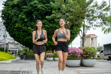 Asian woman friends in sportswear exercising by running or jogging on pavement in garden park....