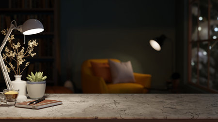 Books and coffee under lamp light on marble stone counter table across sofa chair in a dim lit room....