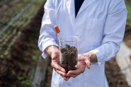 Close up of agricultural scientist's hands holding a glass beaker with plant soil in greenhouse...