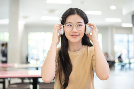 Glasses asian woman college student holding headphones listening to music sits at table in building....