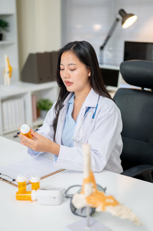Asian woman doctor holding medicine bottle reading label sitting at working table in diagnosis room. Pharmaceutical, Hospital, Medical prescription.の写真素材