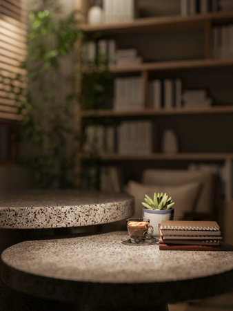 Coffee cup and books aside potted planted on round stone tables across bookshelf in dim living room....