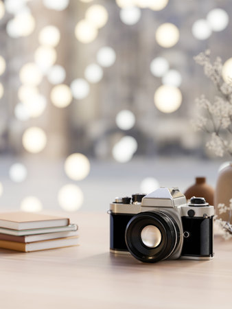 Black and white film camera aside books and vase on wooden table with blurred lights in background....