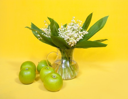 Still life of bunch of lily of the valley and green applesの写真素材