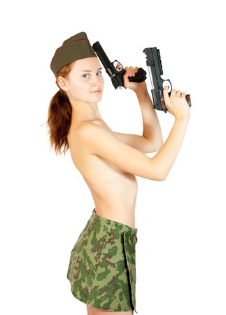  Topless military girl with  two guns Isolated over white backgroundの写真素材