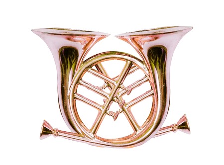 Two coach horns. Isolated on white with clipinh pathの写真素材