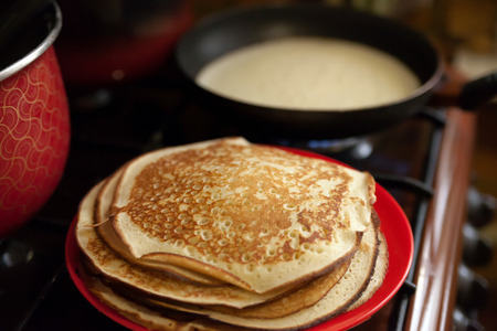 delicious pancakes on   stove. Preparation.