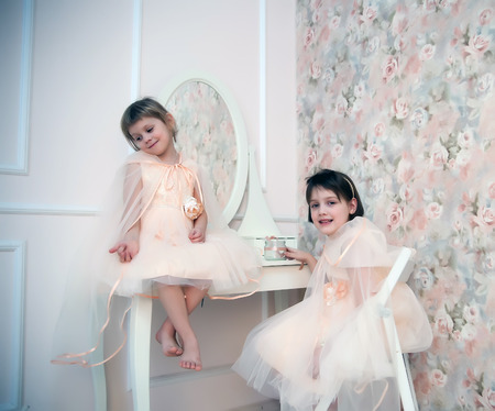 Two beautiful girls in festive dresses in  studio. の写真素材