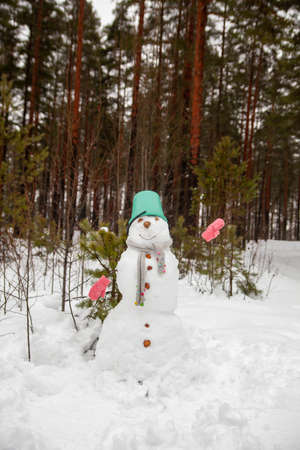 Snowman with bucket on head and mittens on hands sticks in forestの写真素材