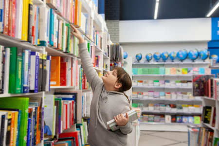 Portrait of eleven - year - old teenage girl in bookstore .