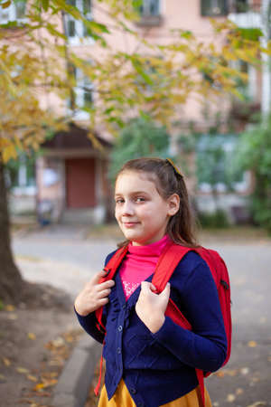 Portrait of elementary school student with red briefcase on autumn daの写真素材