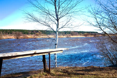 Landscape of spring river during high water on sunny day.の写真素材
