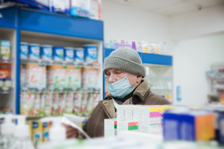 Senior man in pharmacy in medical mask during coronavirus quarantine
