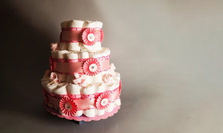 Nappy Cake made from nappies, ribbons and flowers - Focus on flower - Pretty pink flower on nappy...