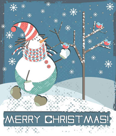 Merry Christmas greeting card with snowman.Vector illustration for your designs.のイラスト素材