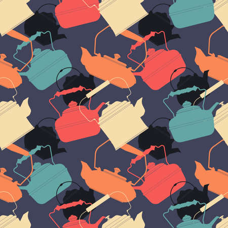 Colorful pattern with different teapots. Kettles backdrop. Seamless kitchen tracery can be used for prints, tablecloths, wallpapers, crafts and more creative designs.のイラスト素材