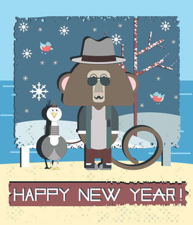 Stylish Happy New Year greeting card With Monkey and Gull bird.Vector illustration can be used for poster, baner and postcard.のイラスト素材