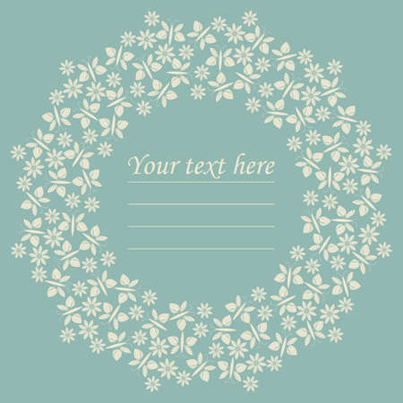 Decorative circle frame with flowers and butterflies. Stylish circle frame can be used for greeting card, baby shower card, invitation, cover and more designs.のイラスト素材