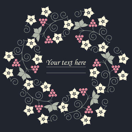 Circle frame design with berries, leaves and flowers isolated on blue background can be used for invitation cards, save the date, wedding card and more design.のイラスト素材