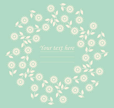Circle frame with chamomile flowers and leaves on mint background can be used for greeting card, baby shower card, invitation, cover and more designs.のイラスト素材