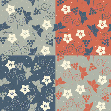 Endless patterns set with retro flowers, leaves and berries can be used for wallpapers, surface textures, textile, tile, kids cloth, pattern fills and more creative designs.のイラスト素材