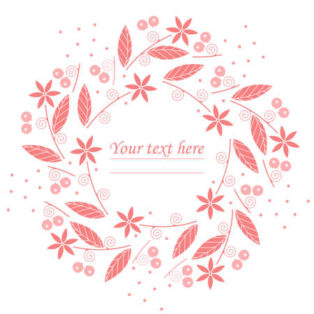Stylish circle frame with red flowers and berries on white backgroundのイラスト素材