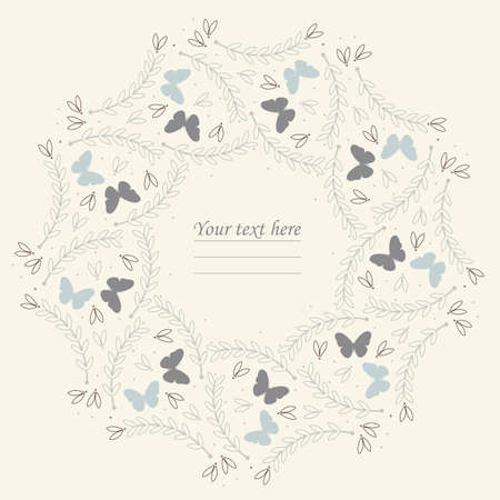 Round frame with cute plants, butterflies and petals can be used for wedding invitations and birthday cards and more creative designs.のイラスト素材