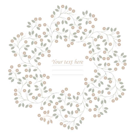 Stylish round frame with cote leaves and flowers. Spring natural design with leaves and flowers elements for invitation, wedding greeting cards , birthday cards and more creative designs.のイラスト素材