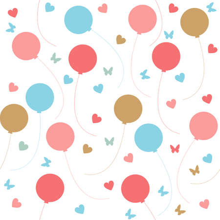 Seamless pattern with colorful balloons, hearts and butterflies isolated on white background.のイラスト素材