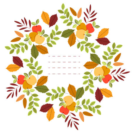 Autumn circle frame with leaves and apples isolated on white background can be used for greeting card, baby shower card, invitation, cover and more designs.のイラスト素材