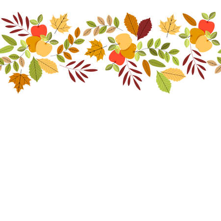 Autumn background with colorful leaves and apples isolated on white background can be used for greeting card, baby shower card, invitation, cover and more designs.のイラスト素材