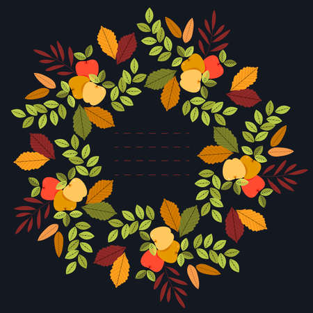 Colorful autumn circle frame with leaves and apples isolated on blue background can be used for greeting card, baby shower, invitation, cover and more designs.のイラスト素材