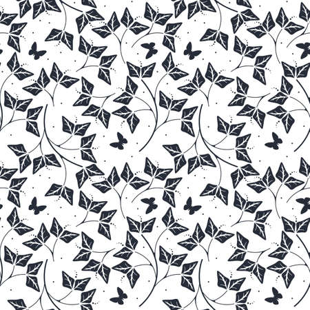 Decorative seamless pattern with leaves and butterflies silhouettes isolated on white background can be used for design fabric, wallpaper, linen, tile and more creative ideas.のイラスト素材