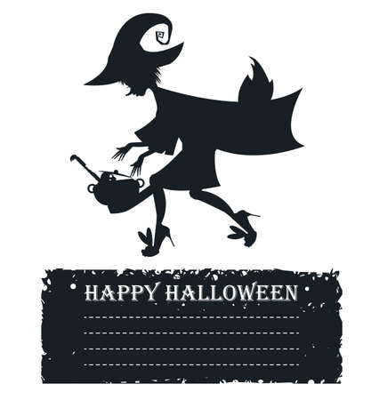 Flying witch silhouette with place for your text isolated on white background. Can be used for Halloween card, greeting card, poster and banner.のイラスト素材