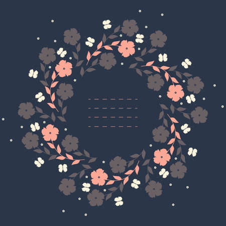 Round floral frame with butterflies and decorative elements isolated on blue background. Vector image.のイラスト素材