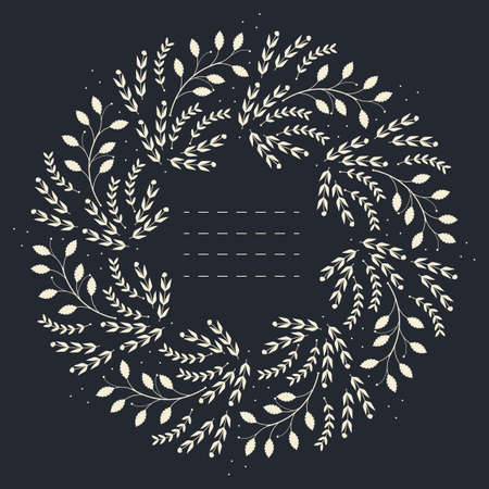 Round frame with different leaves isolated on blue background can be used for greeting cards, invitations and more designs.のイラスト素材