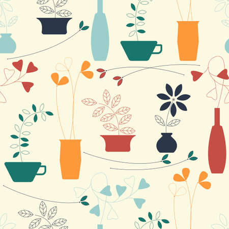 Seamless pattern with plants, grass and branches in a pots can be used for design fabric, tile, linen, surface textures, textile and more creative designs.のイラスト素材